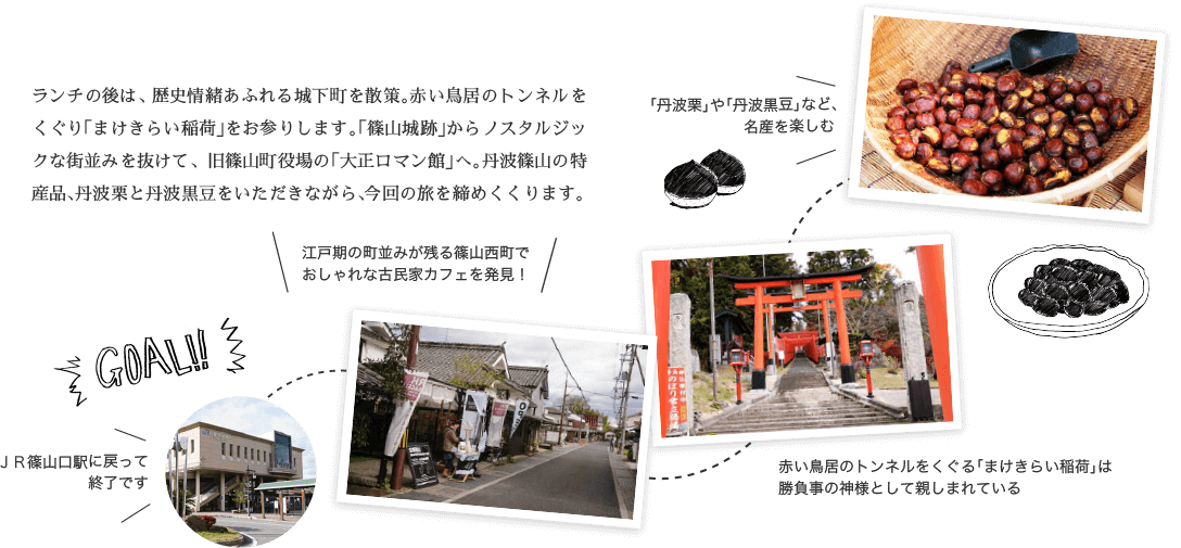 GOAL!! ランチの後は、歴史情緒あふれる城下町を散策。赤い鳥居のトンネルをくぐり「まけきらい稲荷」をお参りします。「篠山城跡」からノスタルジックな街並みを抜けて、旧篠山町役場の「大正ロマン館」へ。丹波篠山の特産品、丹波栗と丹波黒豆をいただきながら、今回の旅を締めくくります。